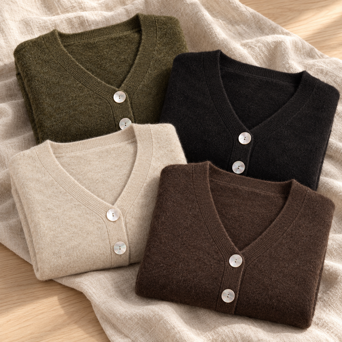 AI-generated lifestyle flatlay of NB851 in Fern, Black, Natural, Cocoa, folded on linen
