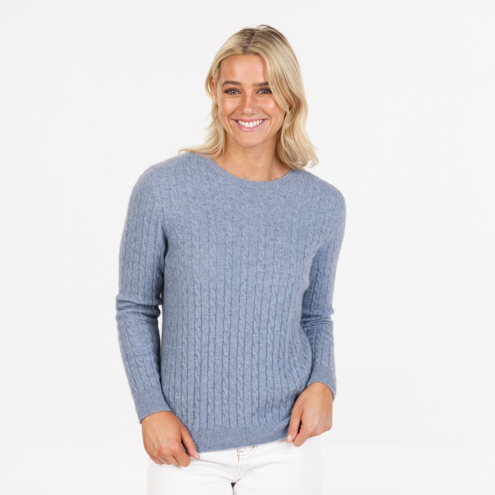 Crystal blue classic cable-knit crew neck jumper