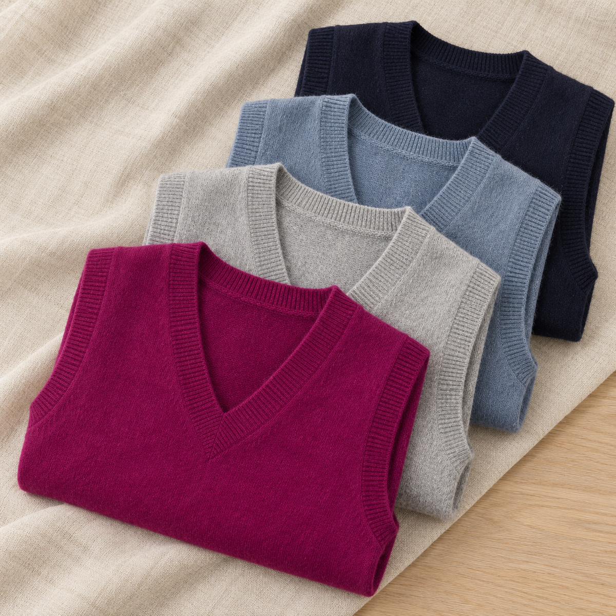 AI-generated lifestyle flatlay of NB912 in Winterberry, Dove, Crystal, Navy, folded on linen