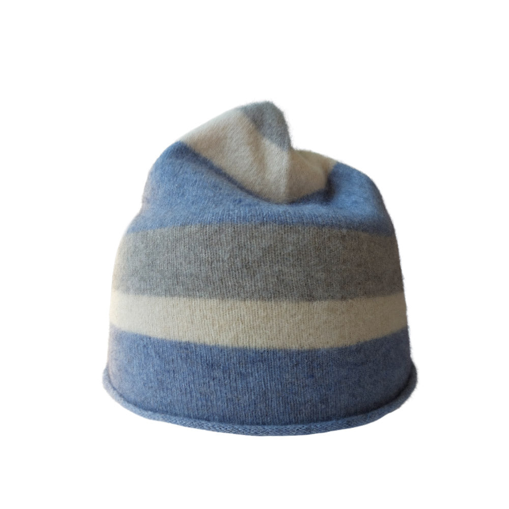 Crystal Stripe travel beanie worn on the head