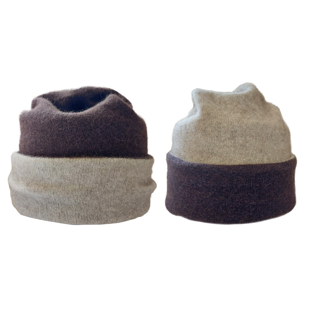 Cocoa and Natural reversible beanie shown on both sides