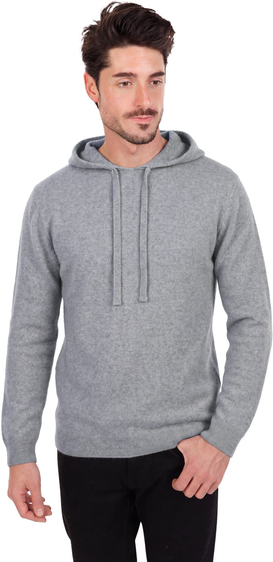 Model wearing a Dove grey men's knitted hoodie with drawstring hood