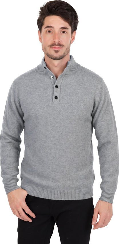 Model wearing a Dove grey men's button-collar knitted jumper