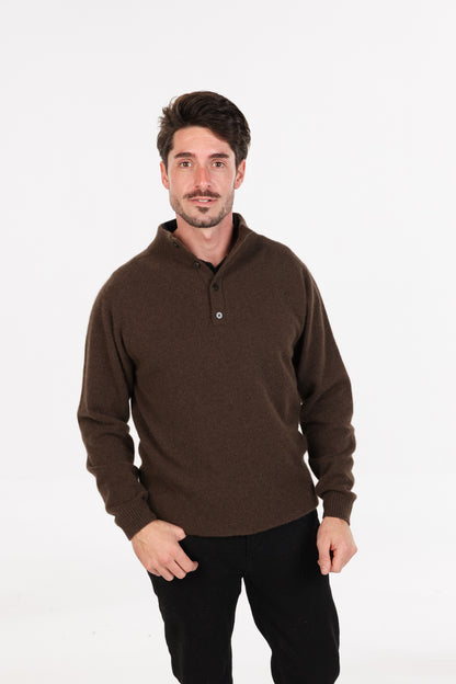 Model wearing men's possum merino & silk button collar jumper in Cocoa