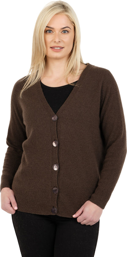 Model wearing a Cocoa brown relaxed cardigan