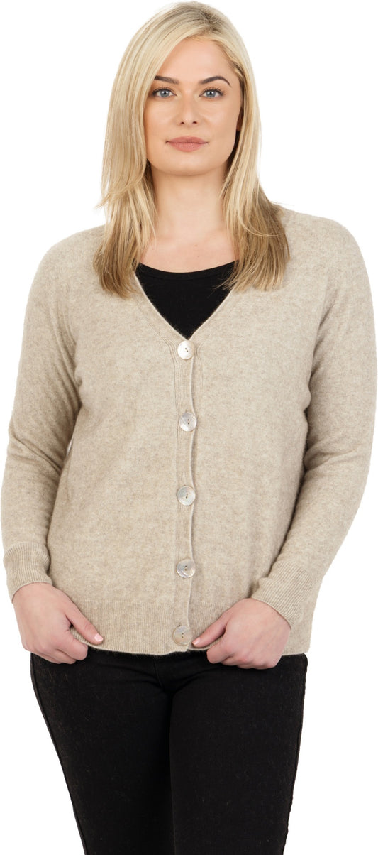 Model wearing a Natural beige relaxed cardigan