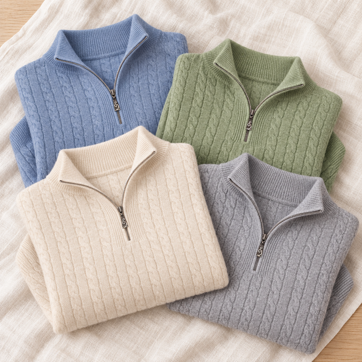 AI-generated lifestyle flatlay of NB900 in Crystal, Pistachio, Natural, Dove, folded and overlapping on linen