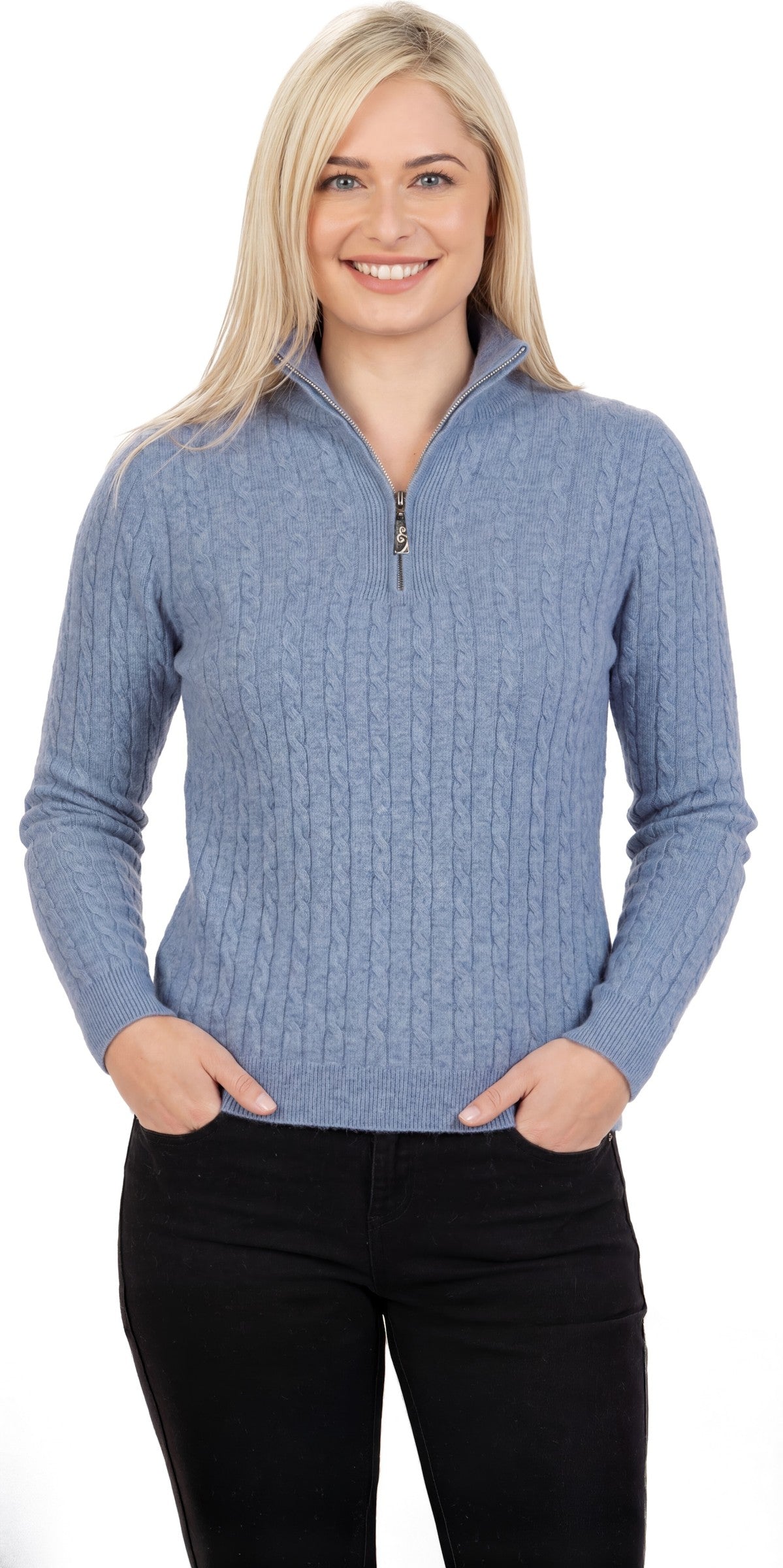Model wearing a Crystal blue cable half-zip jumper