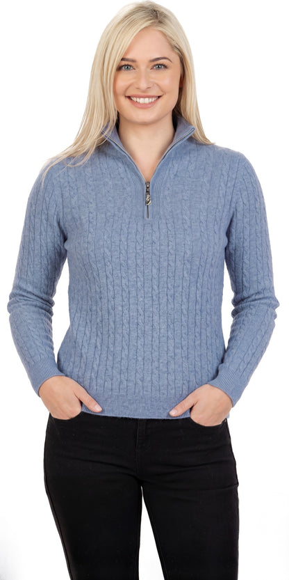 Model wearing a Crystal blue cable half-zip jumper