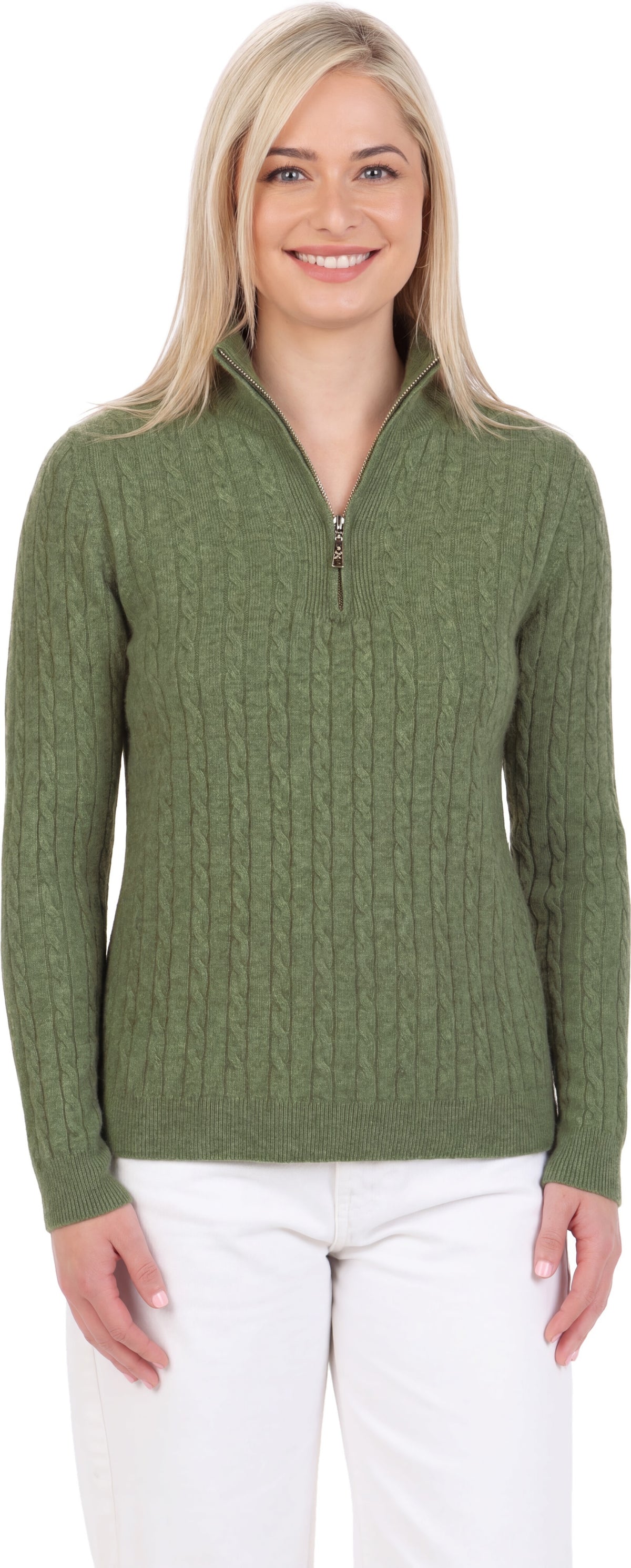 Model wearing a Pistachio green cable half-zip jumper