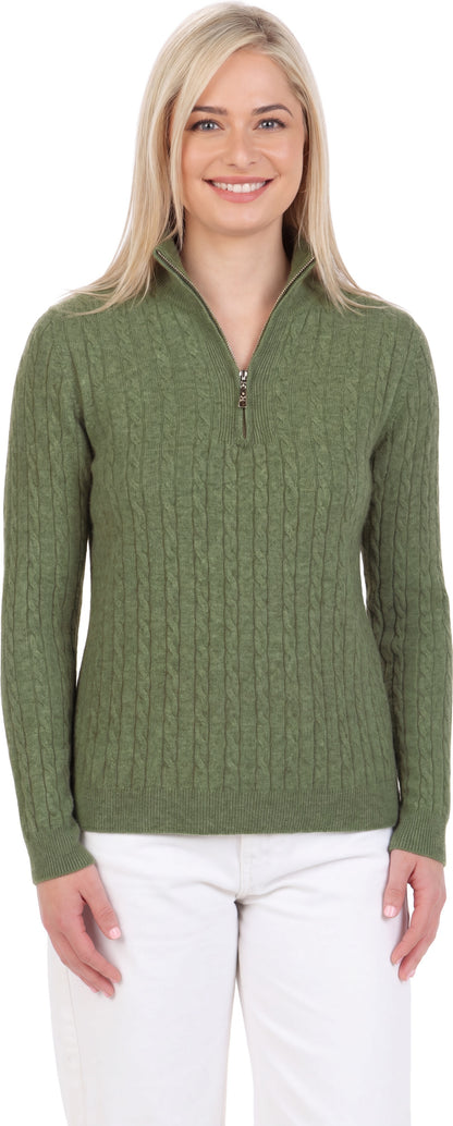 Model wearing a Pistachio green cable half-zip jumper