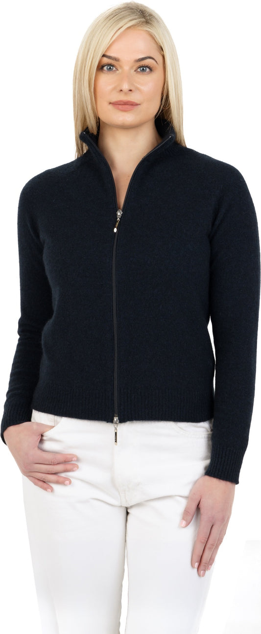 Model wearing a dark navy two-way zip knitted jacket