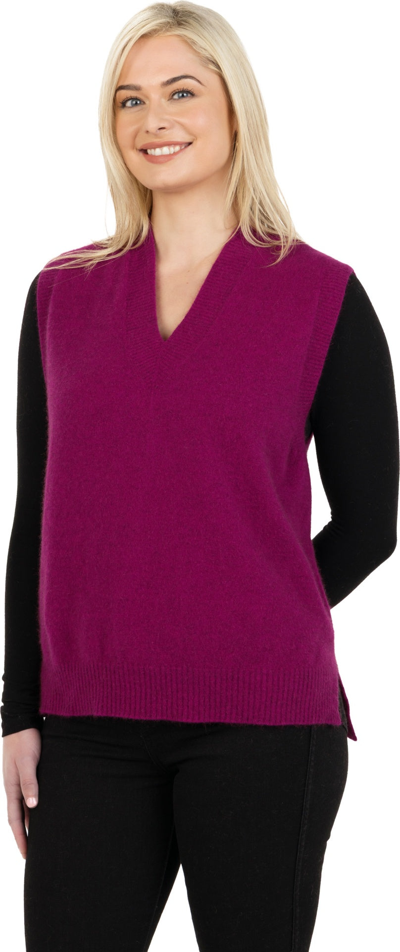 Model wearing a Winterberry magenta relaxed V-neck vest
