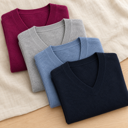 AI-generated lifestyle flatlay of NB913 in Winterberry, Dove, Crystal, Navy, folded on linen