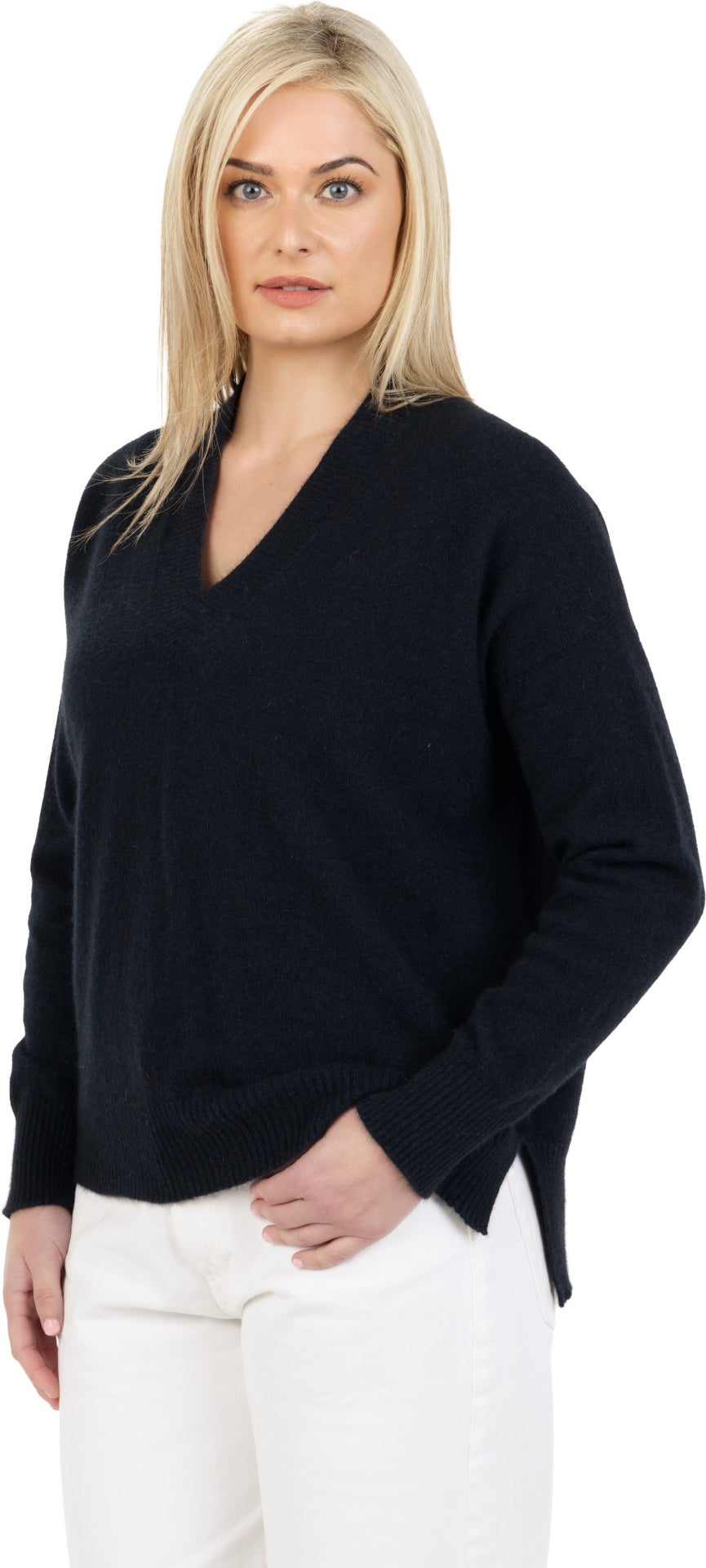 Model wearing a dark navy relaxed V-neck jumper