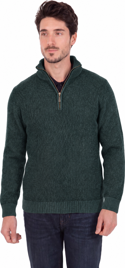 AI-generated colour visualisation of a model wearing the NE338 textured half-zip jumper in Deep Sage