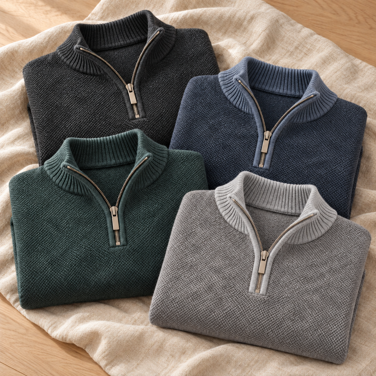 AI-generated folded flatlay of NE338 in Charcoal, Sky, Deep Sage and Dove, showing lighter contrasting collars on Sky and Dove