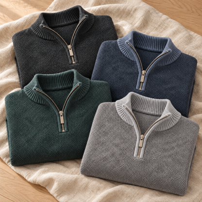 AI-generated folded flatlay of NE338 in Charcoal, Sky, Deep Sage and Dove, showing lighter contrasting collars on Sky and Dove
