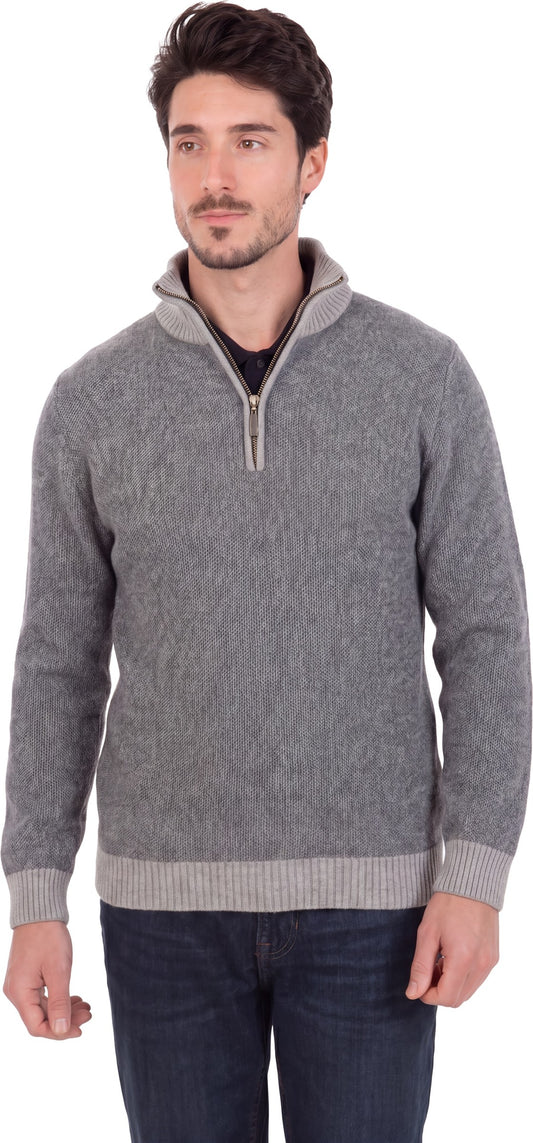 Model wearing a Dove grey textured half-zip jumper