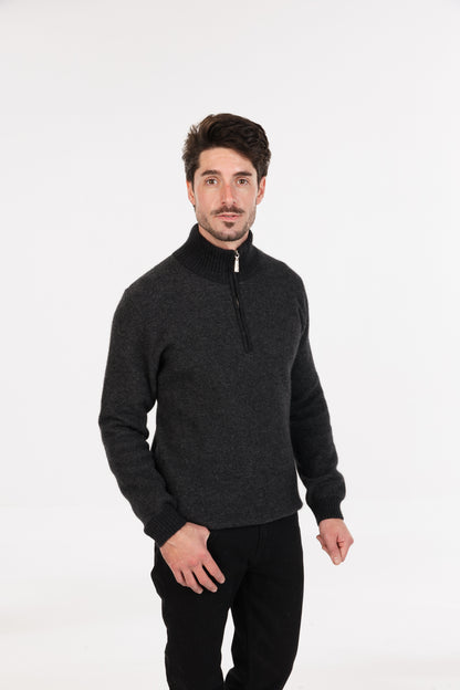 Model wearing men's possum merino & silk textured half-zip jumper in Charcoal