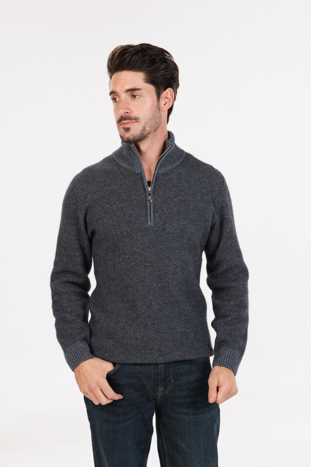 Model wearing men's possum merino & silk textured half-zip jumper in Sky